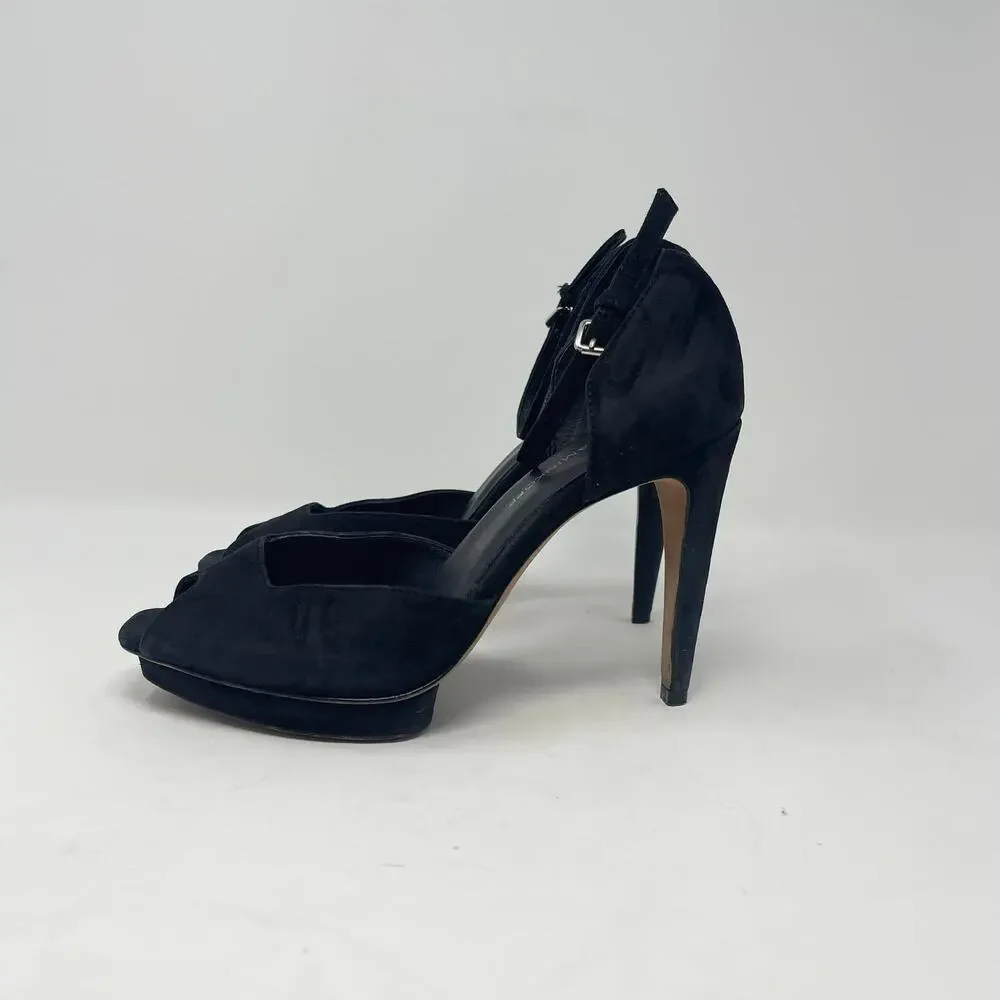 Rebecca Minkoff Ivy Peep Toe Pump Womens 8M Black Suede Ankle Strap Dressy Party